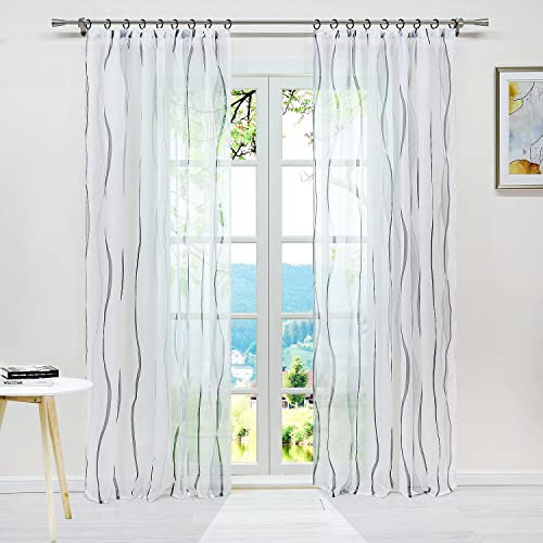 ESLIR Gardinen mit Kräuselband Vorhänge Gardinenschals Transparent Schlaufenschal Wellen Muster Voile Grau BxH 140x245cm 1 Stück