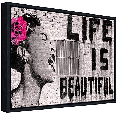Wieco Art Black Framed Canvas Prints of Banksy Life is Beautiful Modern Grey Love Pictures Paintings on Canvas Wall Art for Bedroom Home Office Decorations