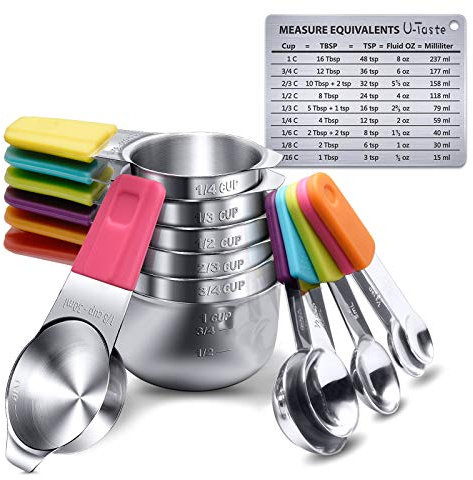 Tazas y Cucharas Medidoras Magnéticas: U-Taste Juego de 13 Cucharas Medidoras de Acero Inoxidable con Mango Magnético, 7 Tazas y 5 Cucharas y 1 Tabla de Conversión de Medidas Magnéticas (Color)