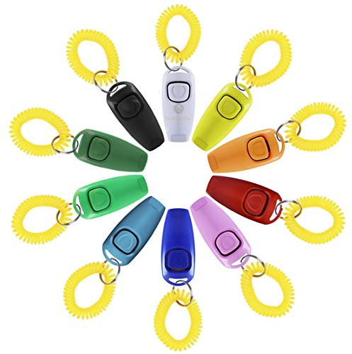 SunGrow Dog Training Clickers and Whistle in one, Consistent Positive Reinforcement for Puppies, Fix Undesired Behaviors, Keep one in Every purse, car and room, Colorful pack of 10 pcs