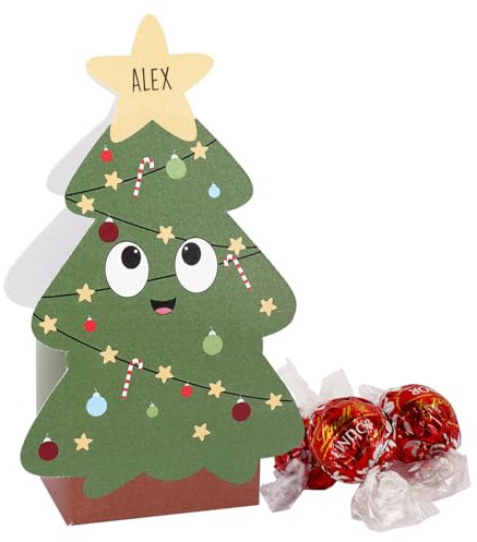 Herz & Heim® Lindt Lindor Kugeln 3 Stück in Weihnachtsbaum-Verpackung als Wichtelgeschenk oder zum Nikolaus mit Wunschnamen personalisiert