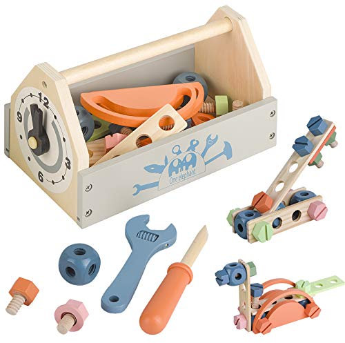 Toywoo Holzwerkzeug-Spielzeug-Werkzeugkasten für Kleinkinder, pädagogische Konstruktion, Kinderspielzeug, Spielzubehör-Set, kreatives Geschenk für Jungen und Mädchen ab 3 Jahren