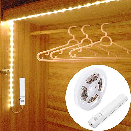 OriFiil Luces LED con Sensor de Movimiento, 2M Tira LED Pilas, Luz Armario, 3000K Blanco Cálido Nocturna para Debajo Cama, Habitacion, Pasillo Baño, Cocina, Escaleras