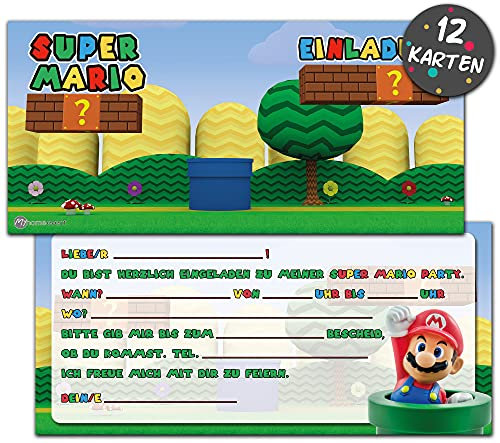 Myhomeevent Super Mario Einladungskarten Kindergeburtstag | 12 Geburtstagseinladungen | Kindergeburtstag Einladungskarten für Jungen & Mädchen |Mottoparty
