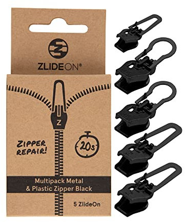 ZlideOn Reißverschluss Zipper Ersatz Reparatur Set – Schwarz Reißverschluss Reparieren Universal-Multipack (5 Pack) - Reissverschluss-Reparaturset