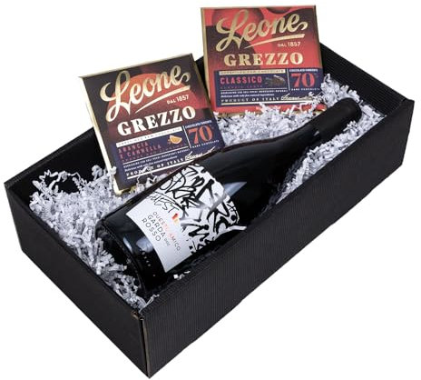 Geschenk-Set „Vino e Cioccolato“ mit Wein und Schokolade in einem Geschenkkarton Italienischer Rotwein Questo Amico Garda Rosso mit Zartbitterschokolade 70% Cacao und Café Geschmack als Geschenkset