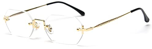 Ligoes - Lunettes de soleil rectangulaires pour hommes et femmes -Sans cadre - Forme octogonale - En métal doré - Polygone bleu marron - UV400, Doré avec transparent