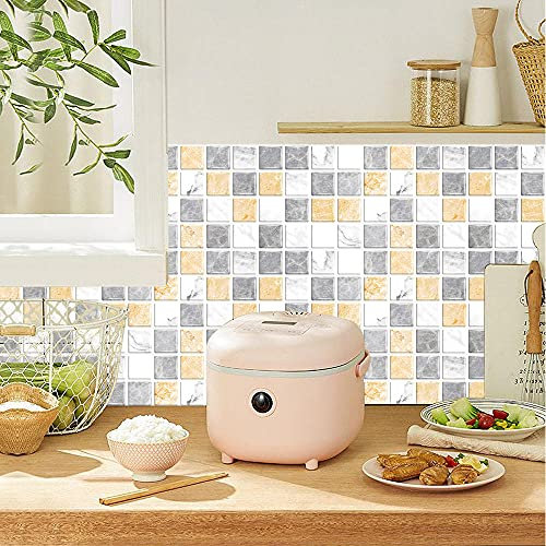 ZAHHYG Tile Stickers Gray Yellow Marble Stick on Tiles Waterproof Oil Proof Peel and Stick Floor Tiles PVC Kitchen Tile Stickers Self Adhesive Tile Decals for Living Room Bathroom Decor 12PC(10x20cm)