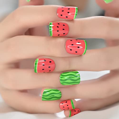 Watermelon Paint Green Red Cute Pattern False Nails Square Short Summer Fresh Fruit Daily Squoval Press On Nails Gel Polish Woman Gift Girl 24 pcs/kit