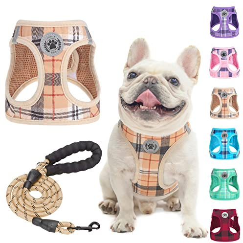 BEAUTYZOO Hundegeschirr und Leine, weiches Netzgewebe, reflektierend, für extra kleine und mittelgroße Welpen und Katzen, kariert, für XS / S, Beige, Größe M