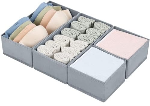 DIMJ Organizador Cajones Juego de 4 Cajas Almacenaje Plegables de Tela Para Guardar Ropa, Organizadores de Cajones No Tejidos, Calcetines, Ropa Interior, Clásico Gris