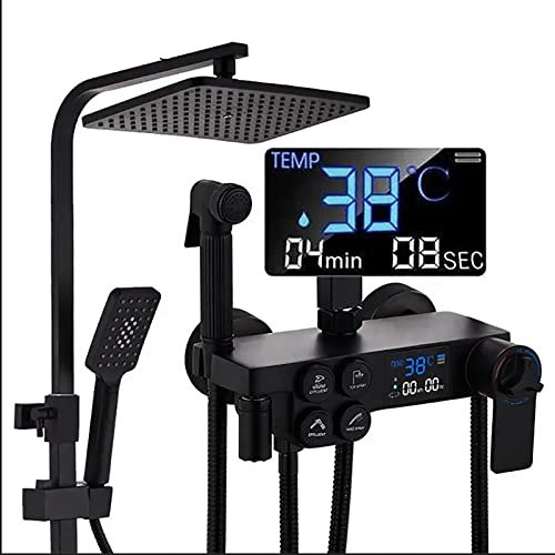 Billg Colonna doccia Nero, Colonna doccia termostatica con display digitale, Miscelatore doccia vasca, Soffione doccia, Doccetta, Spruzzatore bidet, Bocca vasca,per bagno.