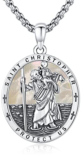SOESON Heiliger Christophorus Kette Herren, 925 Sterling Silber Christophorus Amulett Halskette Religiöser Anhänger für Männer Frauen Halsketten Geschenk