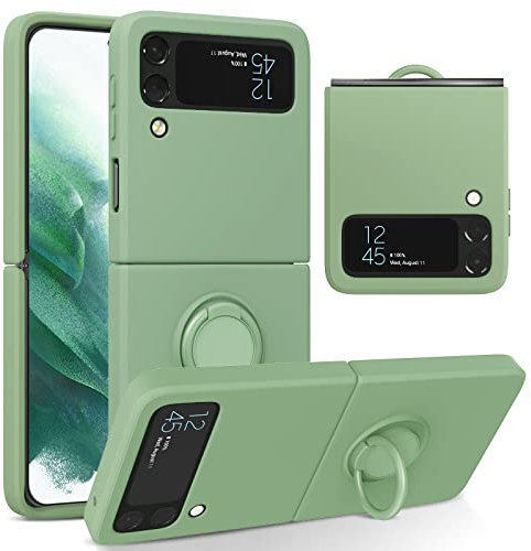 UEEBAI Silikonhülle mit Ring für Samsung Galaxy Z Flip 3 5G, Leichte Etui Case Faltbare Hülle Schlanke Stoßdämpfung Handyhülle mit 360 Grad Drehung Ringhalter Schutzhülle – Matcha Grün