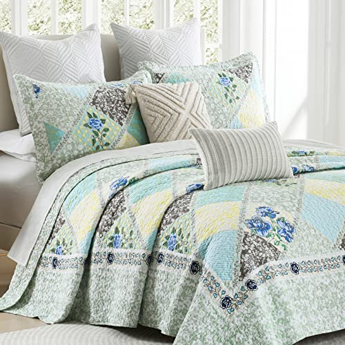 Finlonte Quilts Queen-Size-Bettwäsche-Set, Blumenmuster, echtes Patchwork, grün-blau, Bauernhaus-Plaid, 100 % Baumwolle, Queen-Size-Steppdecke, wendbar, leicht, weich, Queen-Tagesdecke,