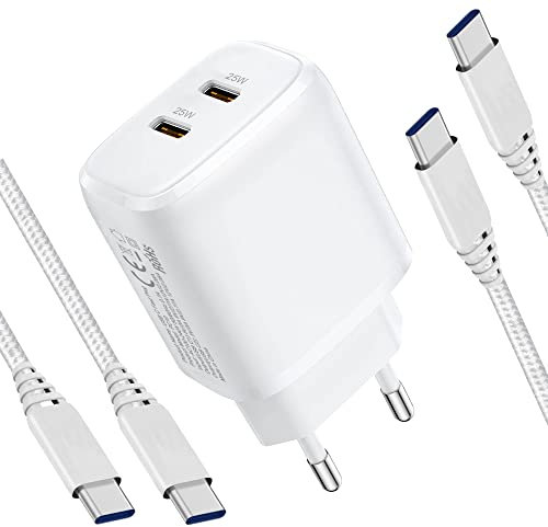 25W Caricatore con 2 Porte USB C,Caricabatterie con Cavo per Samsung Galaxy S23 Plus Ultra/S25 S22 S21 FE,A54 A55 A25 5G/A53 5G/A52 A52S A16 A34 A33 A23 A14 A13 A56 Presa Ricarica Rapida Super Veloce