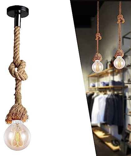 Hanf Seil Single Pendelleuchte, Vintage Seil Lampen Hanfseil Seil Lampe E27 Hängeleuchte Seilleuchte Edison Lampen Hanfseil Hängelampe DIY Kronleuchter für Cafe Restaurant Bar Industrie Retro (250cm)