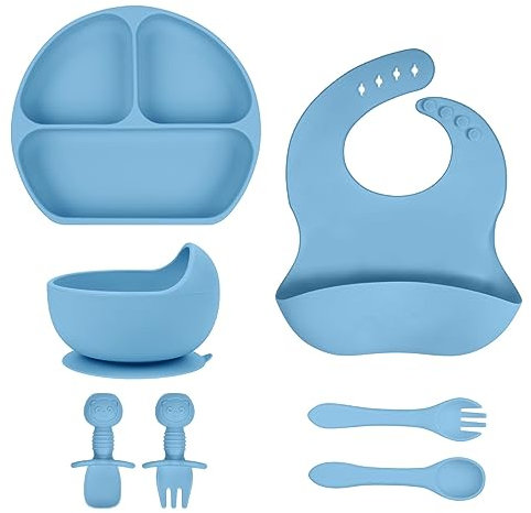 Vicloon Silicone Baby Feeding Set, 7 Pcs Baby Weaning Set, Suction Bowl, Bib, Spoon and Fork, Divided Plate, BPA Free Silicone Feeding Set, Toddlers and Kids Plate Bowl Set, Gift for Kids (Blue)