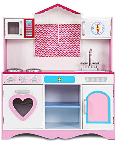 DREAMADE Kinderküche Spielküche aus Holz, Holzküche mit Spüle Herd Backofen Mikrowelle, Kinderrollenspiele Spielzeugküche für Jungen und Mädchen ab 3 Jahren rosa