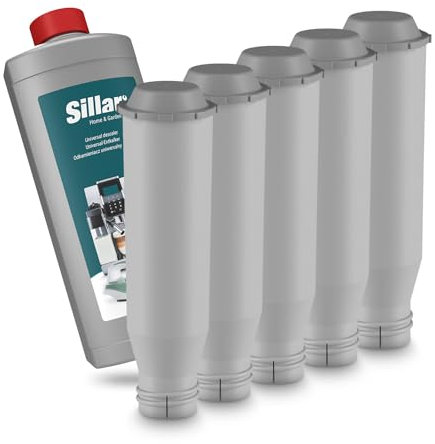 Sillar 5 Pack Water Filter, Water Filter Replacement for Krups Coffee Machines F088, AEL01, TCZ6003 | Increases The lifespan of The Device + Sillar Universal Descaler 1L