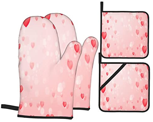Ofenhandschuhe und Topflappen-Sets, rosa mit Herzmuster, Küchenofenhandschuh und Topflappen, 4 Stück, zum Backen, Grillen