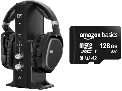 Sennheiser RS195-U Digitales Funkkopfhörersystem & Amazon Basics MicroSDXC-Speicherkarte, 128 GB, mit SD-Adapter, A2, U3, 100 MB/s max. Lesegeschwindigkeit, Schwarz