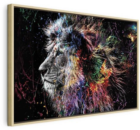 murando Bilder mit Rahmen 120x80 cm Wandbilder groß Leinwandbild XXL natürlicher Holzrahmen modern Wanddekoration Kunstdruck Wanddeko Wohnzimmer Schlafzimmer Tiere Löwe bunte Kopf Gesicht Abstrakt