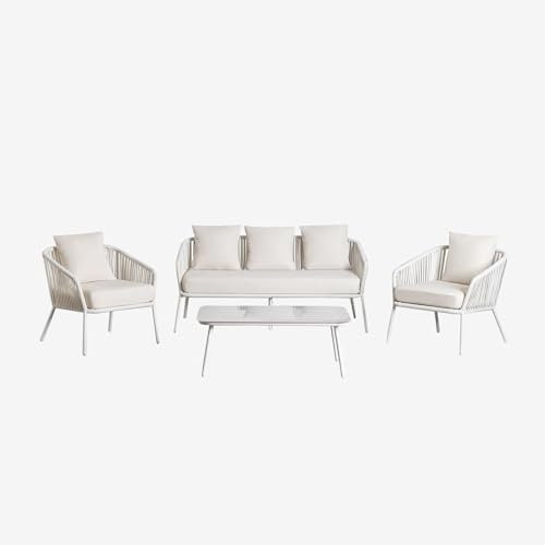 SKLUM Salon de Jardin avec canapé 2 Places, 2 fauteuils et Tables Basses en Aluminium et Corde tressée Arhiza