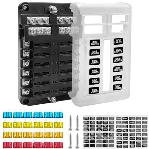 Newaner Kfz Sicherungen, Sicherungshalter 12 Fach, Sicherungskasten, Autosicherungen, Autosicherung Sicherung mit LED-Anzeige + Wasserfest Schutzhülle für PKW/Wohnmobil/LKW/Motorrad (5A 10A 15A 20A)