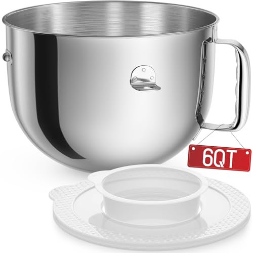 LukieBoee KN2B6PEH 6QT Bowl-Lift Stand Mixer Bowl, for Professional 600 Mixer, Polished Stainless Steel Bowl with Extra Mixer Bowl Cover - Fits Bowl-Lift models KV25G and KP26M1X