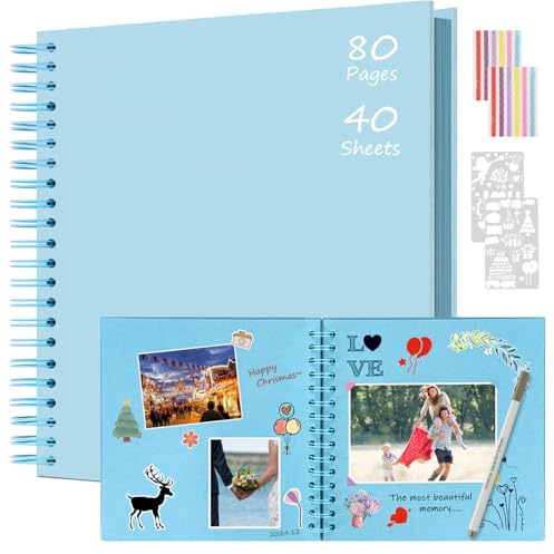 Boic Album Photo Scrapbooking 30x30cm, Fait à La Main Album Spirale 80 Pages, Livre D'or pour Voyage Mariage, Cadeaux de Noël Anniversaire Cadeaux de Saint-Valentin (Bleu)