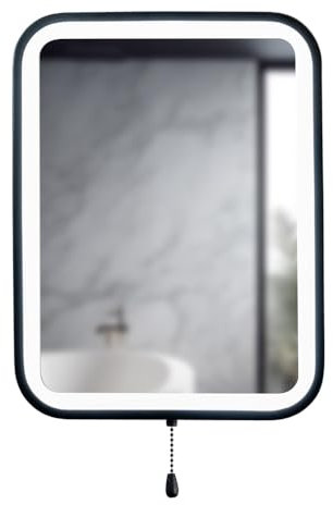 ValueLights Matt Black Bathroom Mirror Rectangle Battery Operated Easy Fit Mirror with Pull Switch Integrated LED