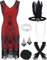 ELFIN 20er Dresses Flapper Kleid Damen Pailletten Fransen Kleid Cocktailkleid 20er Party Kleid V-Ausschnitt Vintage 1920er Kostüm Kleider 20er Accessoires Set Mafia Fasching Karneval, XL, Black Rot