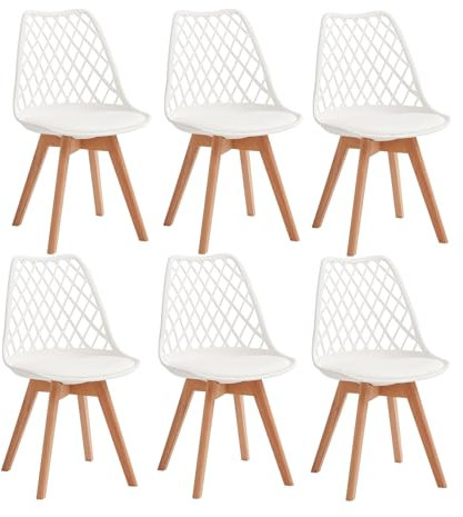 JZGORC 6er Set Esszimmerstuhl, Küchenstuhl mit Durchbrochener Netzrückenlehne und Buchenholzbeinen, Wohnzimmerstuhl mit PU-Lederpolster für Wohnzimmer, Esszimmer, Küche-Weiß