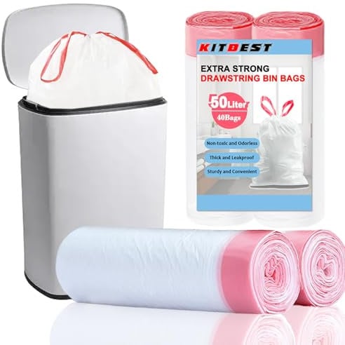50L Drawstring Bin Bags, KITBEST Heavy Duty Swing Bin Bags with Tie Handle, Large Pedal Trash Garbage Rubbish Bags Kitchen White Plastic Refuse Sacks, Fit for 30-50 Liter Waste Bin, 60 x 77cm