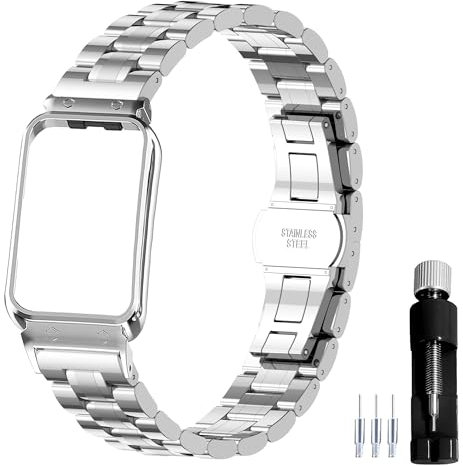 Gheper Metal Watchband Compatible with Samsung Galaxy Fit3[2024] SM-R390 Smartwatch Accessory 316L Stainless Steel Protective Frame Case Design Replacement Wrist Strap Bracelet for Women Men