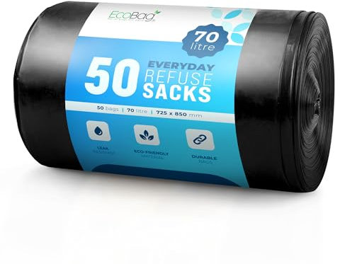 EcoBag - Extra Strong Heavy Duty Refuse Sacks - Recyclable Bin Bags, Leak Resistant, Eco-Friendly, Durable Waste Disposal Bags for Household & Commercial Use, 30 Micron (Μm) / 70l
