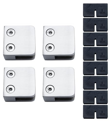 RYPRY 4 Stück Flachboden Glasklemmen 6-10mm ohne Bohren, Edelstahl 304 V2A – Für Glasgeländer, Wände & Rohre mit Gummi-Einsätzen (6mm Glasdicke)