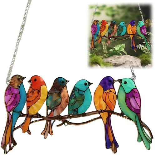 Siyinzu Garden Suncatcher Birds Ornaments, Multicolor Glass Birds on Branches Stained Glass Window Hangings for Home Garden Decorations