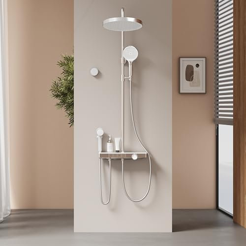EMKE Colonne de Douche Thermostatique, Douche pour Enfants, Douche de Pluie Grande Taille de 320mm, 4 Sorties d'Eau, Installation Facile, Chromé, 1070x550x409 mm, Hauteur Réglable 800-1200mm