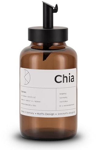 Koffs Design Zuckerstreuer mit Edelstahl Dosierer – individuell bedruckbarer Streuer für Zucker, Saaten, Müsli Toppings - moderne Zuckerdose aus Glas mit UV‑Schutz - Chia 300ml