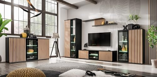 Generisch Wohnwand CA mit Extra Kommode, Front mit Lamellen. Push to Open System. Farbe Schwarz/Hickory Jackson