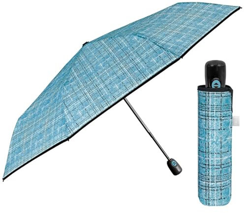 PERLETTI Ombrello Pieghevole Donna Antivento - Ombrellino Leggero Compatto Portatile da Borsa Viaggio - Apertura e Chiusura Automatica - Ombrello Mini Resistente - Diametro 98 cm (Tweed Azzurro)