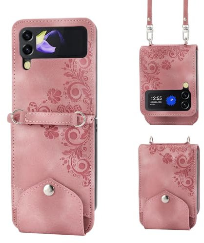 YLTPHD Custodia in pelle con cordino a tracolla per Samsung Galaxy Z Flip 6 5 4 Flip5 3 Flip4 5G, porta carte, rosa, per Samsung Z Flip 4