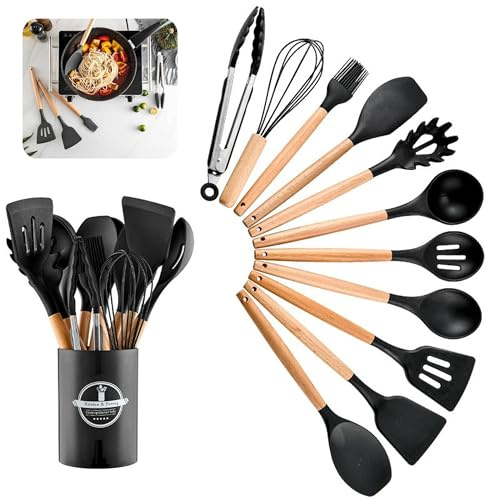 Küchenhelfer Set, 12 Stück Antihaft Hitzebeständiger Holzgriff Kochbesteck mit Utensilienhalter, Holzgriff-Küchenhelfer, Silikon Küchenhelfer Kochutensilien Kochgeschirr Spülmaschinengeeignet(Schwarz)