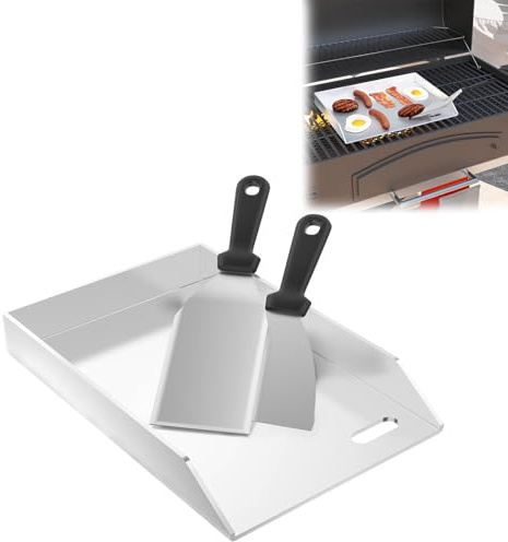 LZQ Edelstahl Grillplatte 30x20x4cm | Plancha aus Edelstahl für Gas- & Holzkohlegrills | 4 mm Dick | Grillzubehör für BBQ | Inkl. Grillspachtel und Fettauffangrinne