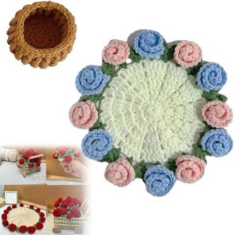Virtuation Rose Bouquet Coaster, Unique Crochet Drink Coasters, Romantic Rose Flower Bouquet Knitted Coasters, for Home Bar Decor and Table Protection, Handmade Knitted Flowers Placemats (B)