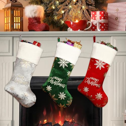 3 Pièces Personnalisé Chaussettes de Noël, Shyllin Tricoter Chaussettes de Noël Decoration, 46cm, Remplir Botte Pere Noëls, Enfant Bas de Noëls pour Sapins de Noël, Cheminées, Escaliers (Flocon neige)