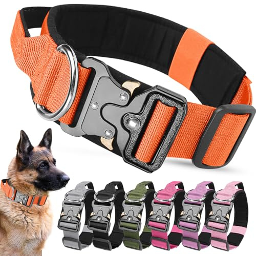 AKOFIC Taktisches Hundehalsband mit Griff, Breites Halsband Hund Gepolstert aus Nylon, Verstellbar Robuster Dog Collar mit Metallschnalle für Mittlere Große Hunde (Orange, L)