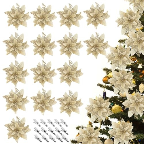 Cutiolly Fiori per Albero Natale,15pcs Fiori Natale Glitterati,Decorazioni Natalizie,Fiori Natale Artificiali con Clip,Decorazioni Albero Di Natale,per Addobbi Natalizi,Ghirlanda Natalizia